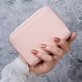 Pink lychee texture PU leather double-layer card holder with golden U-shaped zipper - Pink