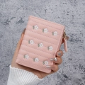 Pink short wallet with floral embroidery and golden zipper for women - Pink