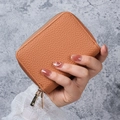 Brown litchi grain PU leather card holder with dual zippers and gold-tone hardware - Brown