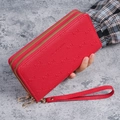 Red long wallet for women with double zipper closure and elegant bow embossing - Red