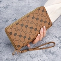 Brown long double zipper wallet for women with heart pattern and wristlet strap - Brown