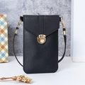 Schwarze Handytasche aus PU-Leder mit Lychee-Muster, goldenem Verschluss und Trageriemen - Schwarz