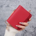 Red lychee texture leather mini wallet for women with golden metal keychain and pendant - Red
