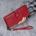Fashionable dark red oil wax PU leather long wallet for women with vintage perforated detail - Red