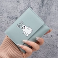 Mint green leather short wallet with cute ghost illustration and BOO text detail - Blue