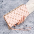 Pink heart-patterned long wallet with double zippers and a detachable wrist strap - Pink
