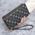 Black pebbled leather double zipper clutch wallet with white heart print and wristlet - Black