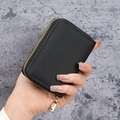 Litchi pattern black leather card holder with gold zipper for daily coin storage - Black