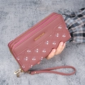 Plum purple long wallet for women with double zipper, floral print and wristlet strap - Deep Pink