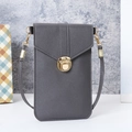 Dark grey leather touchscreen phone purse with lychee texture and gold circular buckle - Dark Gray