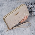 Long beige bifold wallet with floral quilted pattern and double zipper design - Khaki