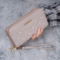 Dusty pink long clutch wallet with floral quilting and wrist strap for women - Purple