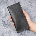 Men's long slim wallet in black vintage leather featuring multi-card slots and fold design - Black