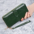 Portefeuille long vintage pour femme en cuir ciré vert foncé avec fermeture et dragonne - Vert