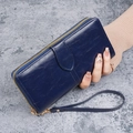 Portefeuille long femme en cuir ciré bleu foncé avec zip doré et dragonne - Bleu