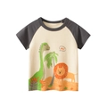 Kids raglan t-shirt with beige body, dark grey sleeves and colorful cartoon animal prints - Apricot/Dark Grey / 100cm