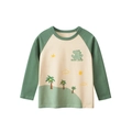 Kinder t-shirt met lange raglanmouwen, groene dinosaurusprint en Roar Stomp tekst - 90cm / Abrikoos/Groen