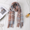Classic British plaid scarf with tassels in blue and orange, autumn winter warm shawl - Blue Camel