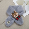 Detail of plush grey kids scarf featuring a 3D cartoon deer head and festive bow tie - Gray