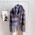 Blue and brown checkered oversized mohair scarf with fringe hung on a beige coat - 40*250cm / Checkerboard - Blue & Coffee