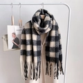 Detail of checkered mohair scarf with fringes hanging on coat showing pattern texture - 40*250cm / Checkerboard - Black & White