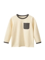 Long-sleeved cotton T-shirt for boys in cream with dark grey contrast crew neck and pocket - 90 / Beige Apricot