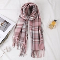 Classic British plaid scarf with pink and grey checks and soft fringed edges - Dusky Pink