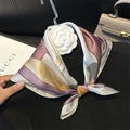 100% Mulberry silk scarf with geometric color block design and camellia flower accessory - 53x53cm / Sunset Kitten