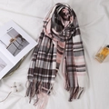 Classic British plaid scarf in pink, grey and white with soft tassel accents - Pink and Coffee