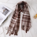 Classic plaid scarf in brown and beige earth tones with tassel fringe detail - Coffee