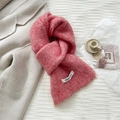 Detail of soft pink wool knit scarf with vegetable label and thick fuzzy texture - 20*170cm / Watermelon red