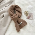 Detailed texture of brown wool knit scarf with white woven label on beige cashmere coat - 20*170cm / Mocha