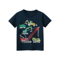 Dark blue boys' cotton T-shirt featuring colorful cartoon construction vehicle print - 90cm / Dark Blue