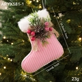 Bota de Navidad de pana rosa con piñas, bayas rojas y borde de piel sintética suave - Calcetín de Navidad Rosa
