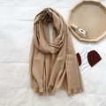Camel cashmere-style scarf for women featuring handmade fringe on a minimalist background - Mixed Khaki