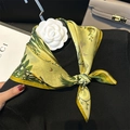 Elegant yellow silk scarf with green botanical leaf print and butterfly pattern - 53*53cm / Shady Green Trees