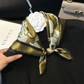 Olive green and gold floral 100% silk square scarf with elegant black border accents - 53*53cm / Flower Cluster - Gold