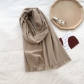 Elegant camel faux cashmere scarf with short fringe tassels on a minimalist white backdrop - Oatmeal