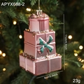 Pink tiered gift box ornament with green glitter bows for Christmas tree decoration - Shiny Pink Gift Box