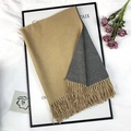 Dual-color cashmere-feel scarf in khaki and grey with fringe edges, folded on display - Camel And Dark Gray