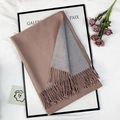 Dual-sided grey and dusty pink faux cashmere scarf with tassels in flat lay display - Bean Paste Pink And Gray