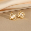 Elegant square gold earrings featuring a 3x3 pearl grid and sparkling zircon border - Gold Stud Earrings (8798)