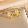 Gold-plated four-leaf flower earrings with zircon center and radial texture - Gold Stud Earrings (8494)