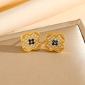 Pendientes de trébol de lujo con pavé de cristales azules y blancos sobre oro - Pendientes de Botón Dorados (8808)