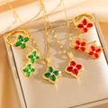 Luxurious four-leaf clover jewelry set with sparkling zircons and gemstones in gold finish - Green Zircon Jewelry Set (Necklace + Earrings + Ring) (8460)