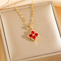 Four-leaf clover necklace with ruby red gemstones and zircon inlay on gold chain - Red Zircon Clover Necklace (8460)