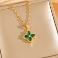 Golden clover pendant necklace with emerald green stones and diamond accents - Green Zircon Clover Necklace (8460)