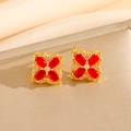 Elegant four-leaf clover flower earrings with red oval gemstones and gold plating - Red Zircon Clover Stud Earrings (8460)
