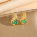 Luxurious leopard stud earrings in gold finish with green gemstone and pavé zircon stones - Gold Earrings