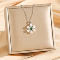 18K gold plated flower pendant necklace with white pearls and emerald green stone inlay - Silver Emerald Pearl Style (8196)